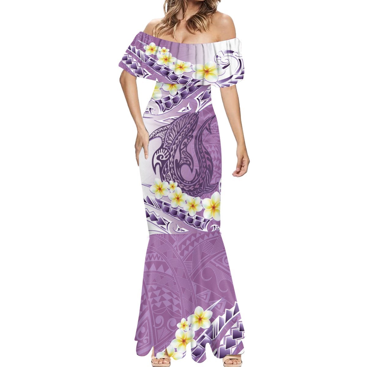 Purple Hawaii Shark Tattoo Mermaid Dress Frangipani With Polynesian Pastel Version LT14 - Polynesian Pride