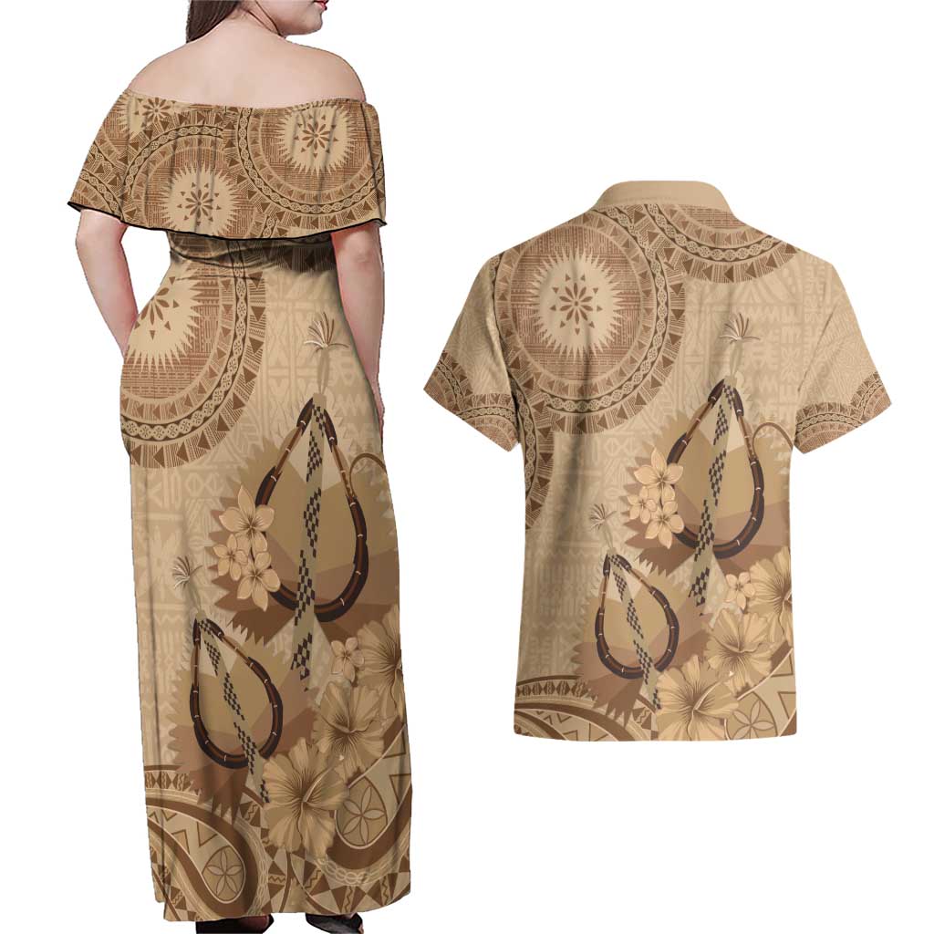 Brown Bula Fiji Couples Matching Off Shoulder Maxi Dress and Hawaiian Shirt Fijian Dance Fan Tapa Cloth Pattern LT14 - Polynesian Pride