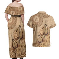 Brown Bula Fiji Couples Matching Off Shoulder Maxi Dress and Hawaiian Shirt Fijian Dance Fan Tapa Cloth Pattern LT14 - Polynesian Pride