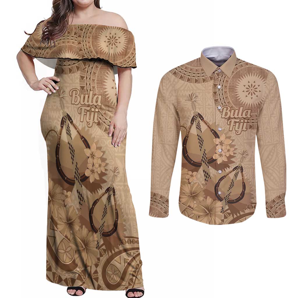 Brown Bula Fiji Couples Matching Off Shoulder Maxi Dress and Long Sleeve Button Shirt Fijian Dance Fan Tapa Cloth Pattern LT14 Brown - Polynesian Pride