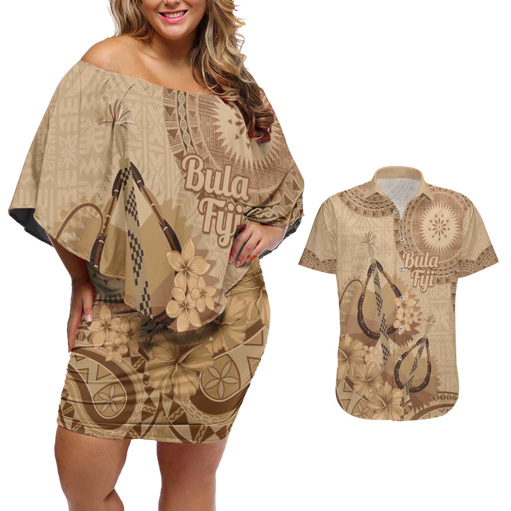 Brown Bula Fiji Couples Matching Off Shoulder Short Dress and Hawaiian Shirt Fijian Dance Fan Tapa Cloth Pattern LT14 Brown - Polynesian Pride