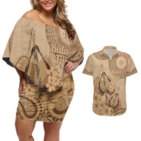 Brown Bula Fiji Couples Matching Off Shoulder Short Dress and Hawaiian Shirt Fijian Dance Fan Tapa Cloth Pattern LT14 Brown - Polynesian Pride