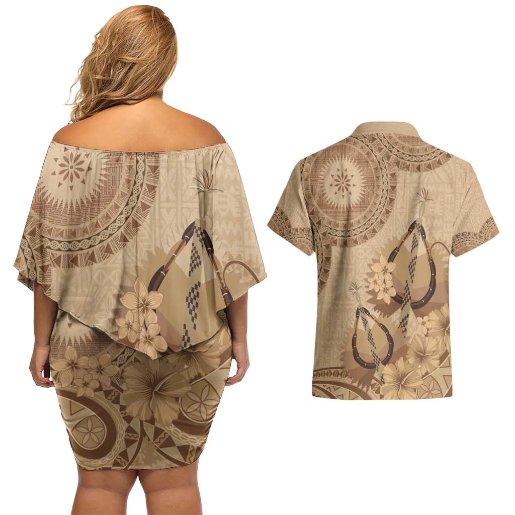 Brown Bula Fiji Couples Matching Off Shoulder Short Dress and Hawaiian Shirt Fijian Dance Fan Tapa Cloth Pattern LT14 - Polynesian Pride