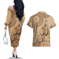 Brown Bula Fiji Couples Matching Off The Shoulder Long Sleeve Dress and Hawaiian Shirt Fijian Dance Fan Tapa Cloth Pattern LT14 - Polynesian Pride