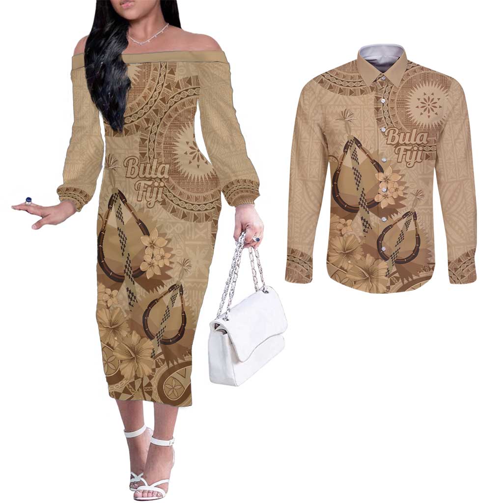 Brown Bula Fiji Couples Matching Off The Shoulder Long Sleeve Dress and Long Sleeve Button Shirt Fijian Dance Fan Tapa Cloth Pattern LT14 Brown - Polynesian Pride