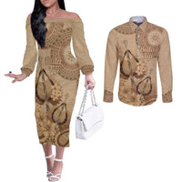 Brown Bula Fiji Couples Matching Off The Shoulder Long Sleeve Dress and Long Sleeve Button Shirt Fijian Dance Fan Tapa Cloth Pattern LT14 Brown - Polynesian Pride