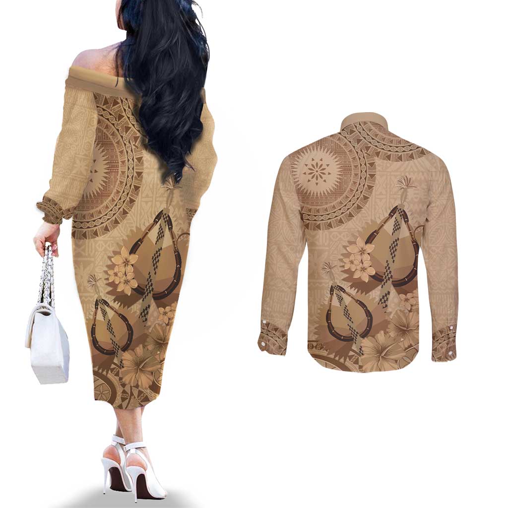 Brown Bula Fiji Couples Matching Off The Shoulder Long Sleeve Dress and Long Sleeve Button Shirt Fijian Dance Fan Tapa Cloth Pattern LT14 - Polynesian Pride
