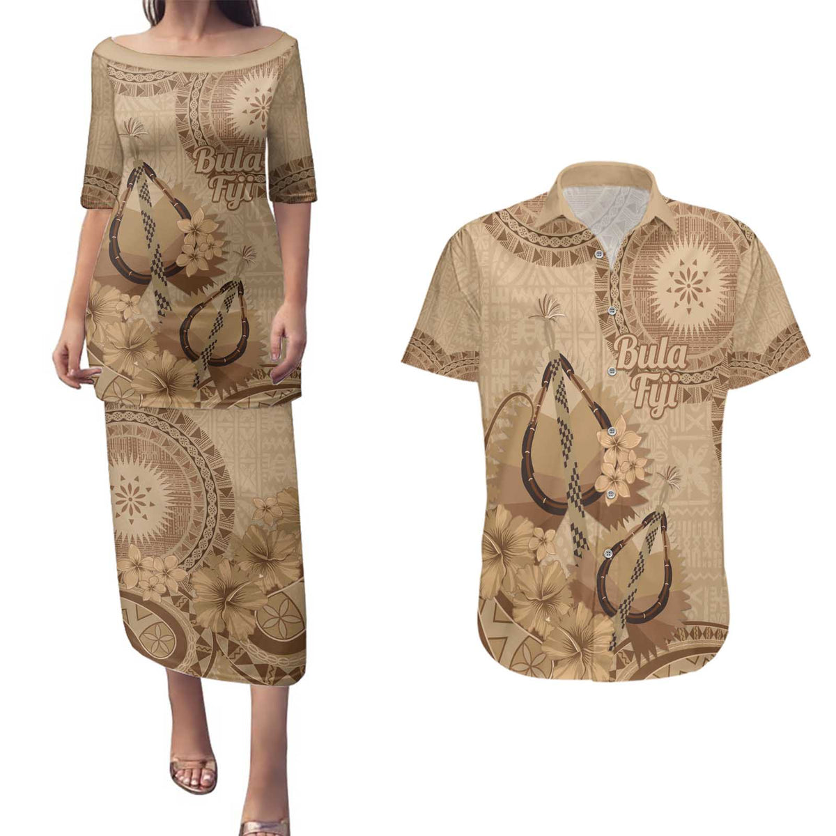 Brown Bula Fiji Couples Matching Puletasi and Hawaiian Shirt Fijian Dance Fan Tapa Cloth Pattern LT14 Brown - Polynesian Pride