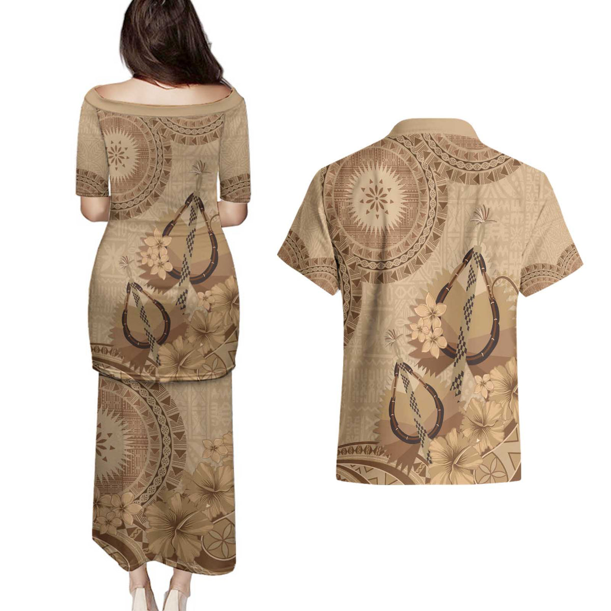 Brown Bula Fiji Couples Matching Puletasi and Hawaiian Shirt Fijian Dance Fan Tapa Cloth Pattern LT14 - Polynesian Pride