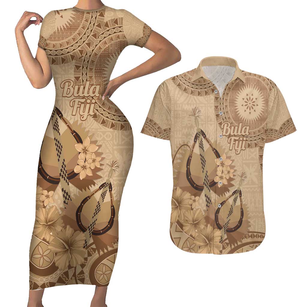 Brown Bula Fiji Couples Matching Short Sleeve Bodycon Dress and Hawaiian Shirt Fijian Dance Fan Tapa Cloth Pattern LT14 Brown - Polynesian Pride