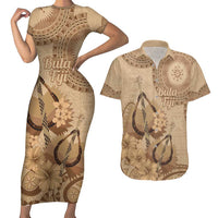 Brown Bula Fiji Couples Matching Short Sleeve Bodycon Dress and Hawaiian Shirt Fijian Dance Fan Tapa Cloth Pattern LT14 Brown - Polynesian Pride