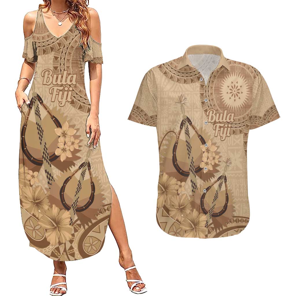 Brown Bula Fiji Couples Matching Summer Maxi Dress and Hawaiian Shirt Fijian Dance Fan Tapa Cloth Pattern LT14 Brown - Polynesian Pride