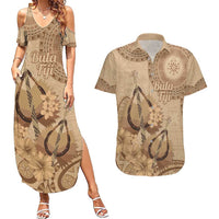 Brown Bula Fiji Couples Matching Summer Maxi Dress and Hawaiian Shirt Fijian Dance Fan Tapa Cloth Pattern LT14 Brown - Polynesian Pride