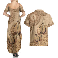 Brown Bula Fiji Couples Matching Summer Maxi Dress and Hawaiian Shirt Fijian Dance Fan Tapa Cloth Pattern LT14 - Polynesian Pride