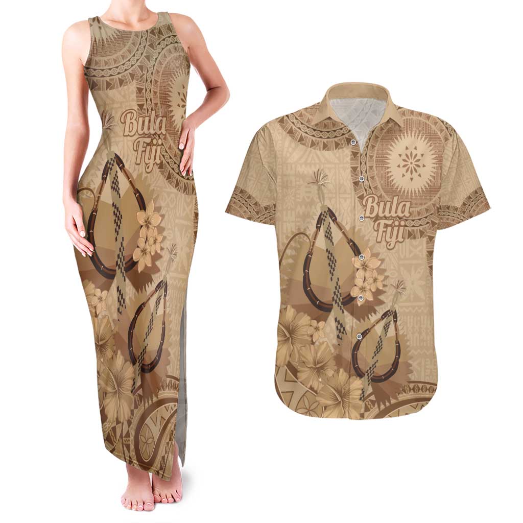 Brown Bula Fiji Couples Matching Tank Maxi Dress and Hawaiian Shirt Fijian Dance Fan Tapa Cloth Pattern LT14 Brown - Polynesian Pride