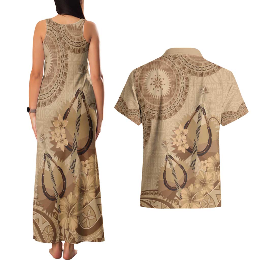 Brown Bula Fiji Couples Matching Tank Maxi Dress and Hawaiian Shirt Fijian Dance Fan Tapa Cloth Pattern LT14 - Polynesian Pride