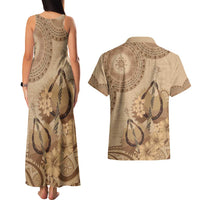 Brown Bula Fiji Couples Matching Tank Maxi Dress and Hawaiian Shirt Fijian Dance Fan Tapa Cloth Pattern LT14 - Polynesian Pride