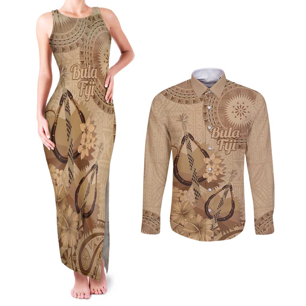 Brown Bula Fiji Couples Matching Tank Maxi Dress and Long Sleeve Button Shirt Fijian Dance Fan Tapa Cloth Pattern LT14 Brown - Polynesian Pride