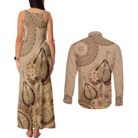 Brown Bula Fiji Couples Matching Tank Maxi Dress and Long Sleeve Button Shirt Fijian Dance Fan Tapa Cloth Pattern LT14 - Polynesian Pride