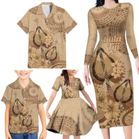 Brown Bula Fiji Family Matching Long Sleeve Bodycon Dress and Hawaiian Shirt Fijian Dance Fan Tapa Cloth Pattern LT14 - Polynesian Pride