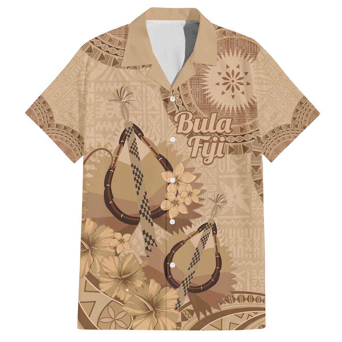 Brown Bula Fiji Family Matching Off The Shoulder Long Sleeve Dress and Hawaiian Shirt Fijian Dance Fan Tapa Cloth Pattern LT14 Dad's Shirt - Short Sleeve Brown - Polynesian Pride