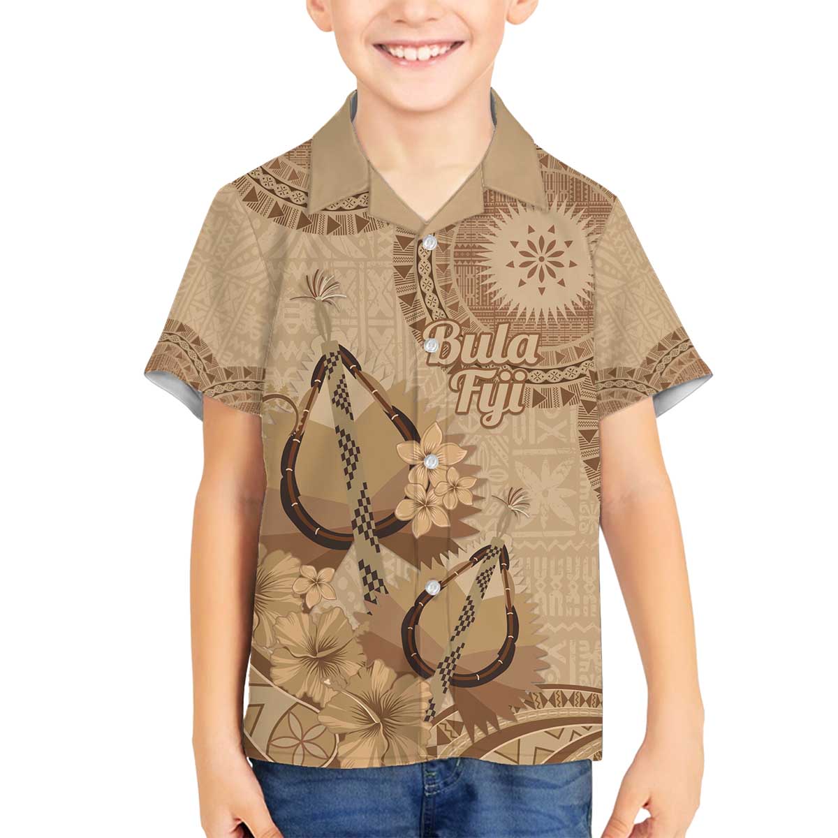 Brown Bula Fiji Family Matching Off The Shoulder Long Sleeve Dress and Hawaiian Shirt Fijian Dance Fan Tapa Cloth Pattern LT14 Son's Shirt Brown - Polynesian Pride