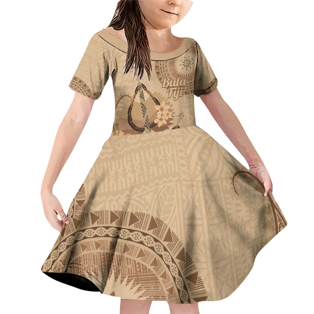 Brown Bula Fiji Family Matching Off Shoulder Short Dress and Hawaiian Shirt Fijian Dance Fan Tapa Cloth Pattern LT14 Daughter's Dress Brown - Polynesian Pride