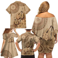 Brown Bula Fiji Family Matching Off Shoulder Short Dress and Hawaiian Shirt Fijian Dance Fan Tapa Cloth Pattern LT14 - Polynesian Pride