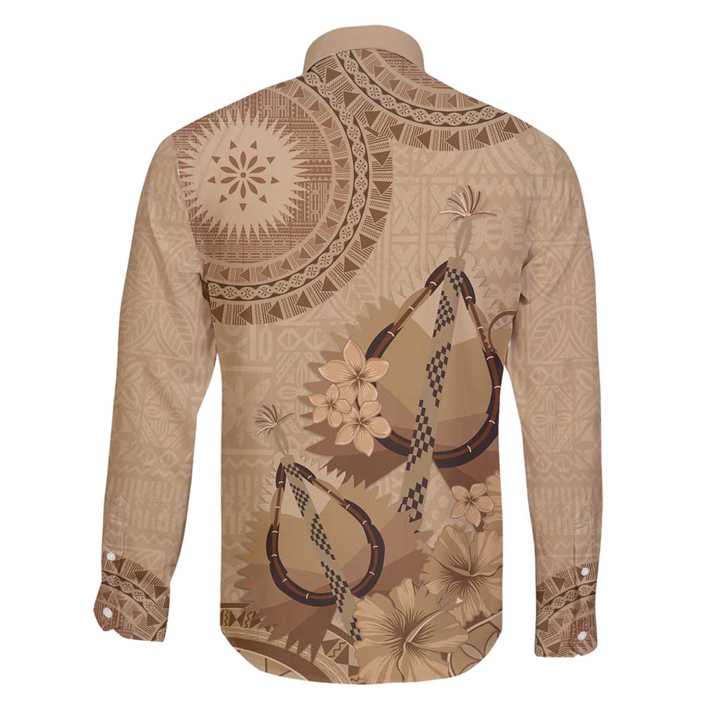 Brown Bula Fiji Family Matching Off Shoulder Short Dress and Hawaiian Shirt Fijian Dance Fan Tapa Cloth Pattern LT14 - Polynesian Pride
