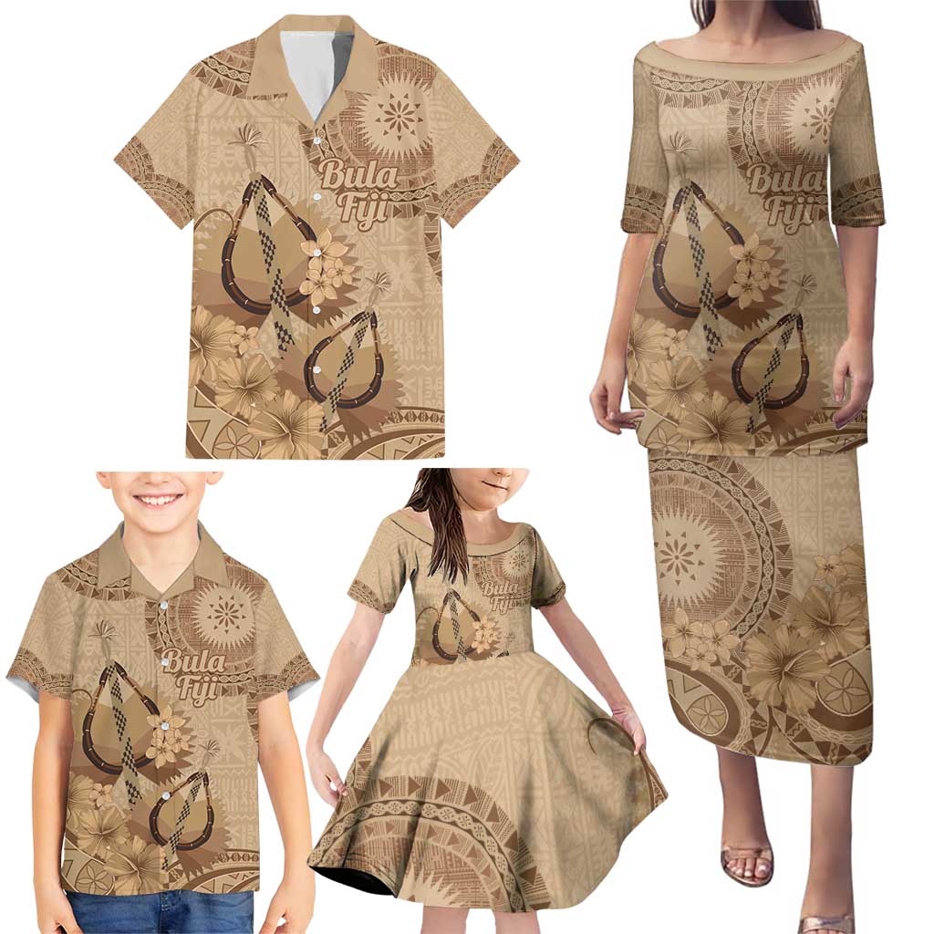 Brown Bula Fiji Family Matching Puletasi and Hawaiian Shirt Fijian Dance Fan Tapa Cloth Pattern LT14 - Polynesian Pride