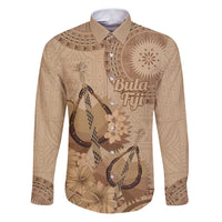 Brown Bula Fiji Family Matching Puletasi and Hawaiian Shirt Fijian Dance Fan Tapa Cloth Pattern LT14 Dad's Shirt - Long Sleeve Brown - Polynesian Pride