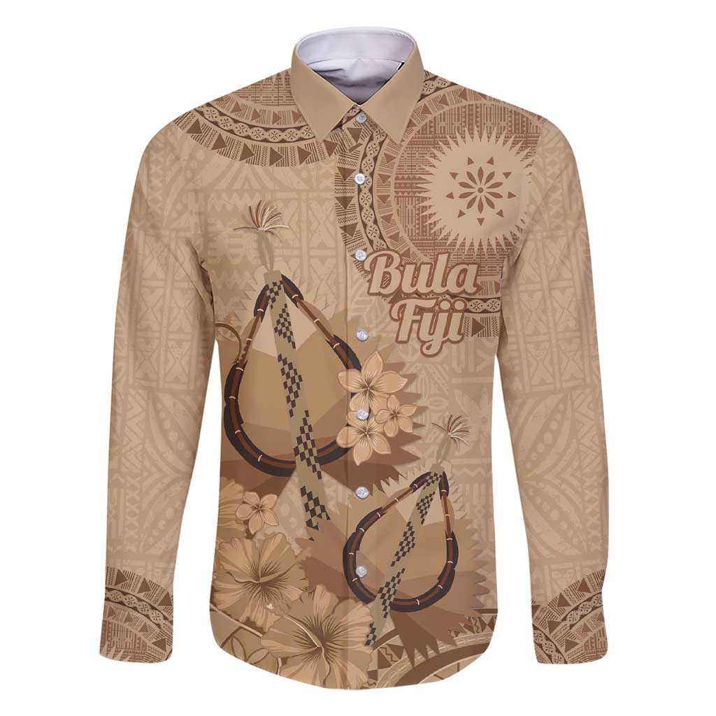 Brown Bula Fiji Family Matching Short Sleeve Bodycon Dress and Hawaiian Shirt Fijian Dance Fan Tapa Cloth Pattern LT14 Dad's Shirt - Long Sleeve Brown - Polynesian Pride