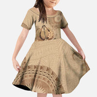 Brown Bula Fiji Family Matching Summer Maxi Dress and Hawaiian Shirt Fijian Dance Fan Tapa Cloth Pattern LT14 Daughter's Dress Brown - Polynesian Pride