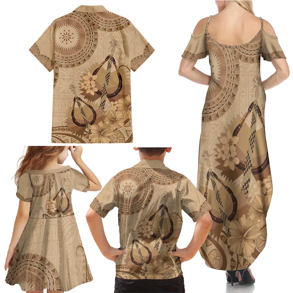 Brown Bula Fiji Family Matching Summer Maxi Dress and Hawaiian Shirt Fijian Dance Fan Tapa Cloth Pattern LT14 - Polynesian Pride