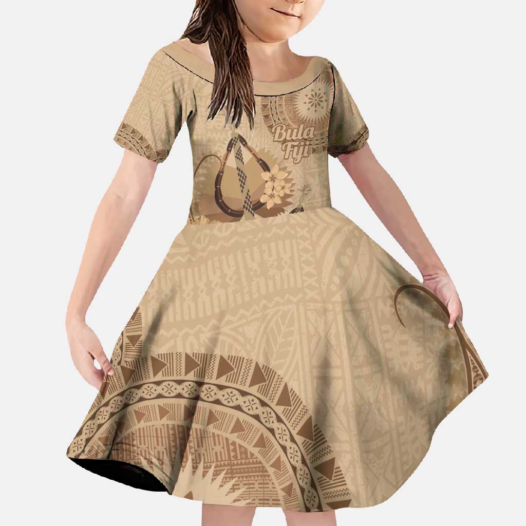 Brown Bula Fiji Family Matching Tank Maxi Dress and Hawaiian Shirt Fijian Dance Fan Tapa Cloth Pattern LT14 Daughter's Dress Brown - Polynesian Pride
