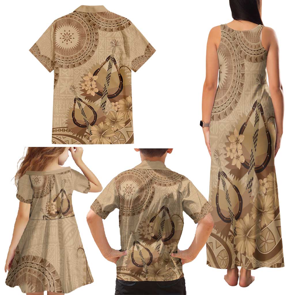 Brown Bula Fiji Family Matching Tank Maxi Dress and Hawaiian Shirt Fijian Dance Fan Tapa Cloth Pattern LT14 - Polynesian Pride