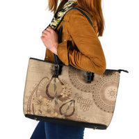 Brown Bula Fiji Leather Tote Bag Fijian Dance Fan Tapa Cloth Pattern LT14 Brown - Polynesian Pride