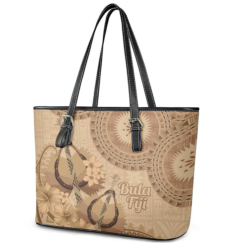 Brown Bula Fiji Leather Tote Bag Fijian Dance Fan Tapa Cloth Pattern LT14 - Polynesian Pride