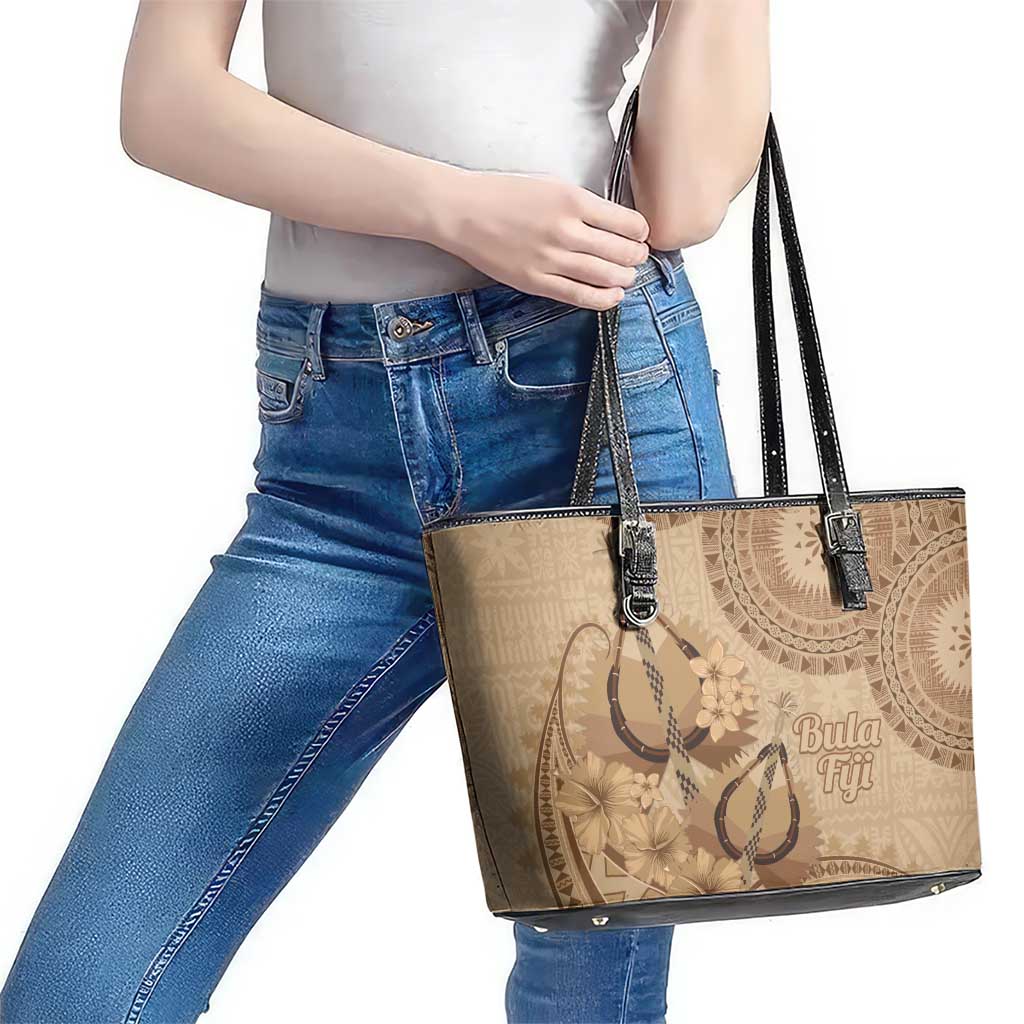 Brown Bula Fiji Leather Tote Bag Fijian Dance Fan Tapa Cloth Pattern LT14 - Polynesian Pride