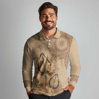Brown Bula Fiji Long Sleeve Polo Shirt Fijian Dance Fan Tapa Cloth Pattern