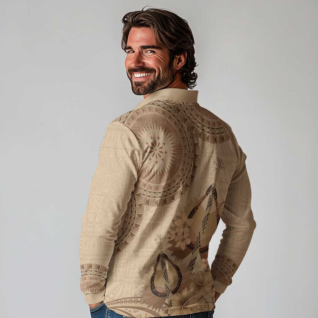 Brown Bula Fiji Long Sleeve Polo Shirt Fijian Dance Fan Tapa Cloth Pattern