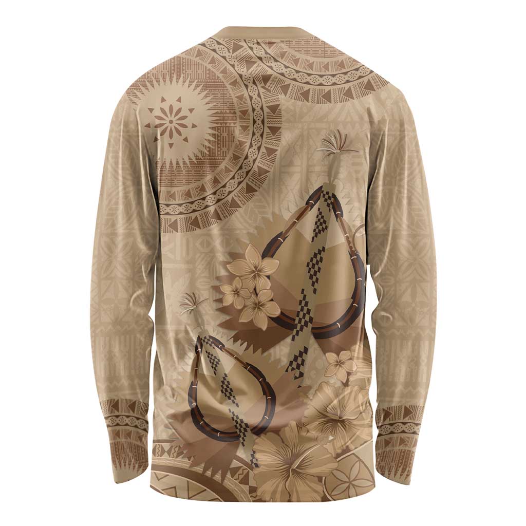 Brown Bula Fiji Long Sleeve Shirt Fijian Dance Fan Tapa Cloth Pattern