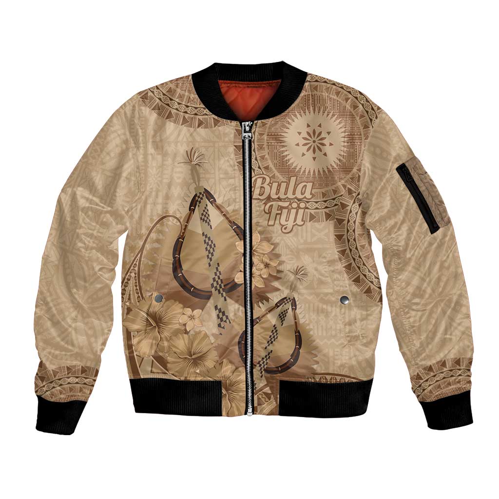 Brown Bula Fiji Sleeve Zip Bomber Jacket Fijian Dance Fan Tapa Cloth Pattern