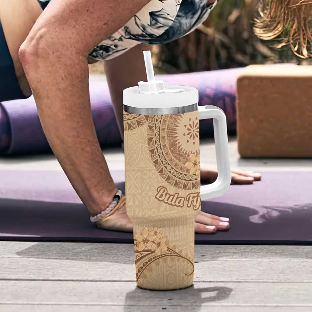 Brown Bula Fiji Tumbler With Handle Fijian Dance Fan Tapa Cloth Pattern