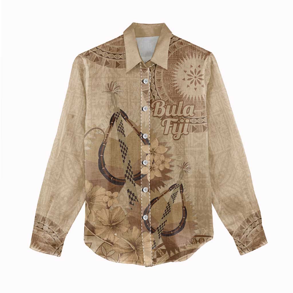Brown Bula Fiji Women Casual Shirt Fijian Dance Fan Tapa Cloth Pattern LT14 - Polynesian Pride