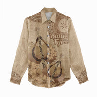 Brown Bula Fiji Women Casual Shirt Fijian Dance Fan Tapa Cloth Pattern LT14 - Polynesian Pride
