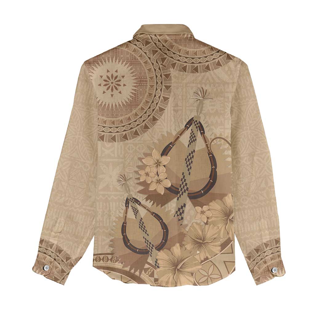 Brown Bula Fiji Women Casual Shirt Fijian Dance Fan Tapa Cloth Pattern LT14 - Polynesian Pride