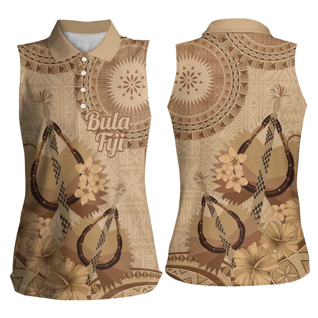 Brown Bula Fiji Women Sleeveless Polo Shirt Fijian Dance Fan Tapa Cloth Pattern LT14 - Polynesian Pride