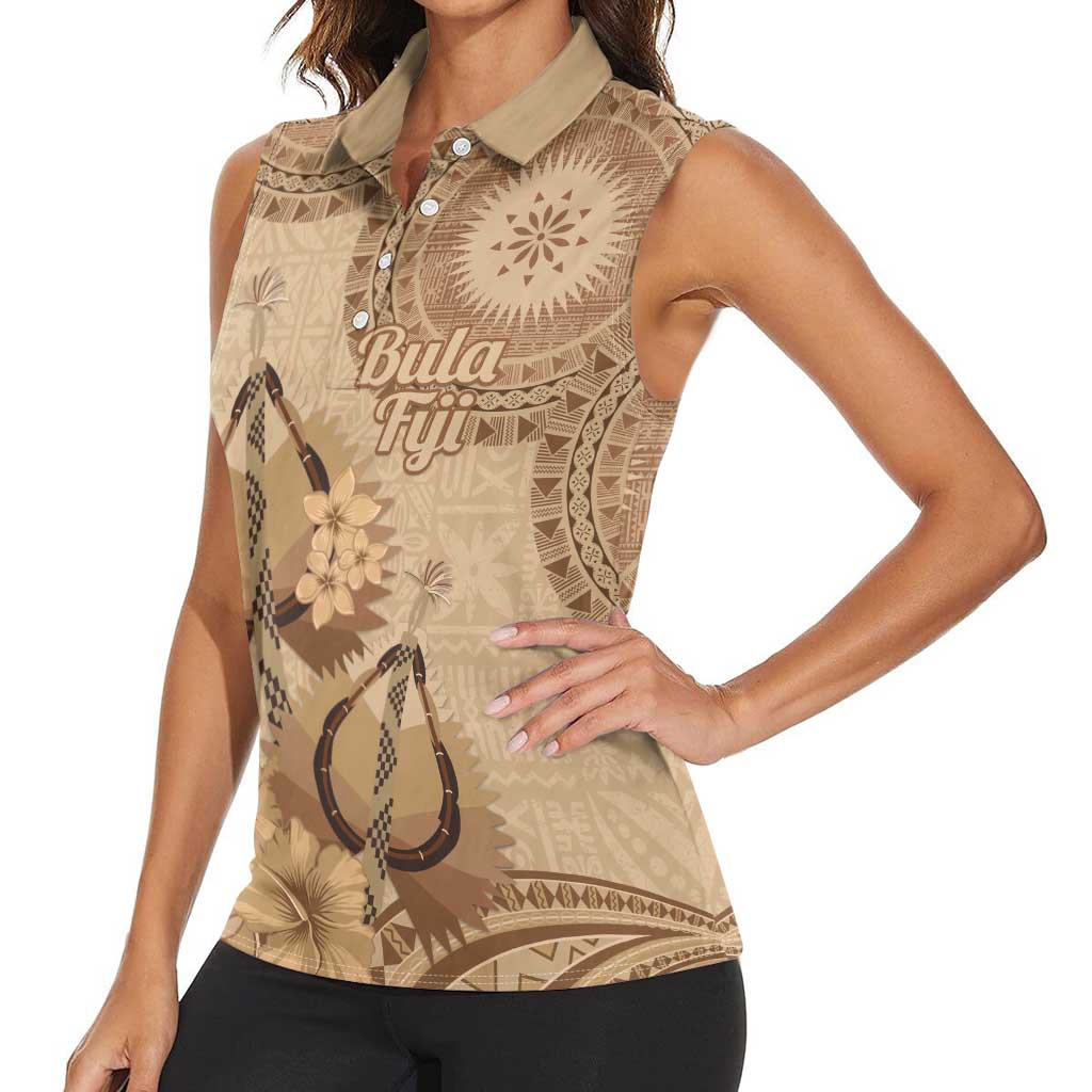 Brown Bula Fiji Women Sleeveless Polo Shirt Fijian Dance Fan Tapa Cloth Pattern LT14 - Polynesian Pride