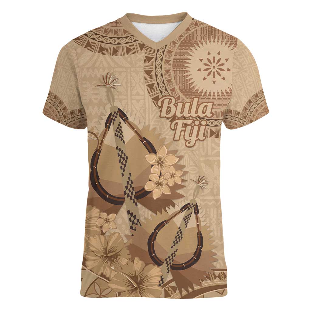 Brown Bula Fiji Women V-Neck T-Shirt Fijian Dance Fan Tapa Cloth Pattern LT14 Female Brown - Polynesian Pride